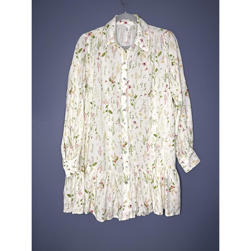 H&M Mini Shirt Dress XS Ivory Floral Puff Sleeve Tiered Cottagecore Garden Chic